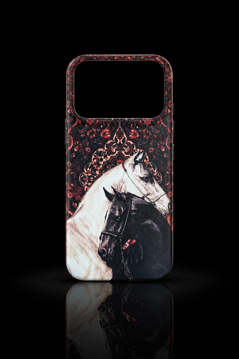 Royal Horse Heritage back case featuring majestic white and black horses with vintage floral artwork